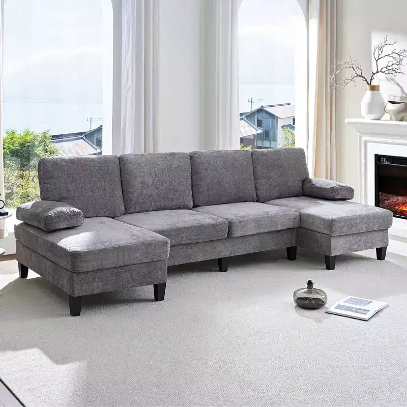 Divani componibili a U da 110", divano grande a 4 posti rivestito in ciniglia con doppi chaise longue e braccioli utilizzabili come poggiatesta