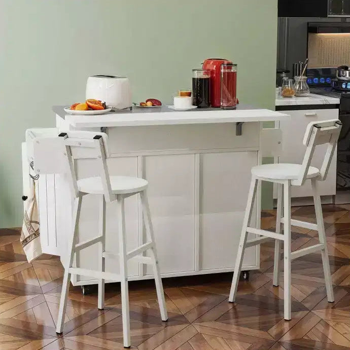 Rolling Kitchen Island Cart with Drop Leaf Countertop Adjustable Shelve Spice Rack With Two Chairs For Kitchen Dining Room