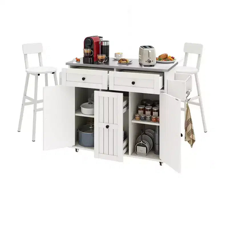 Carrello da Cucina con Isola, Ribaltina, Ripiano Regolabile, Porta Spezie e Due Sedie per Cucina e Sala da Pranzo