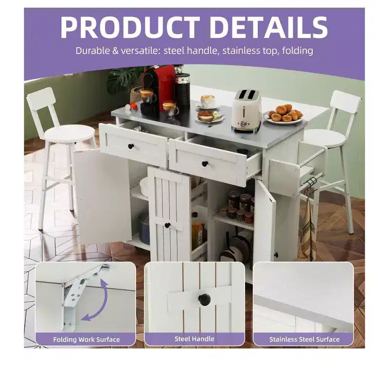 Carrello da Cucina con Isola, Ribaltina, Ripiano Regolabile, Porta Spezie e Due Sedie per Cucina e Sala da Pranzo