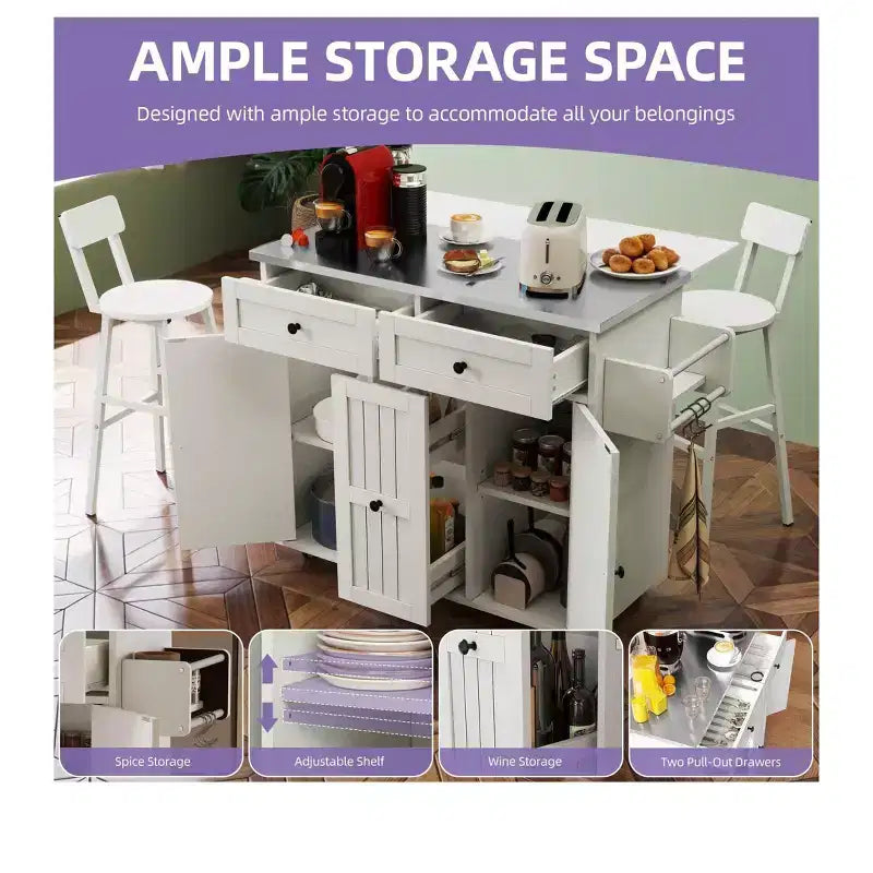 Carrello da Cucina con Isola, Ribaltina, Ripiano Regolabile, Porta Spezie e Due Sedie per Cucina e Sala da Pranzo