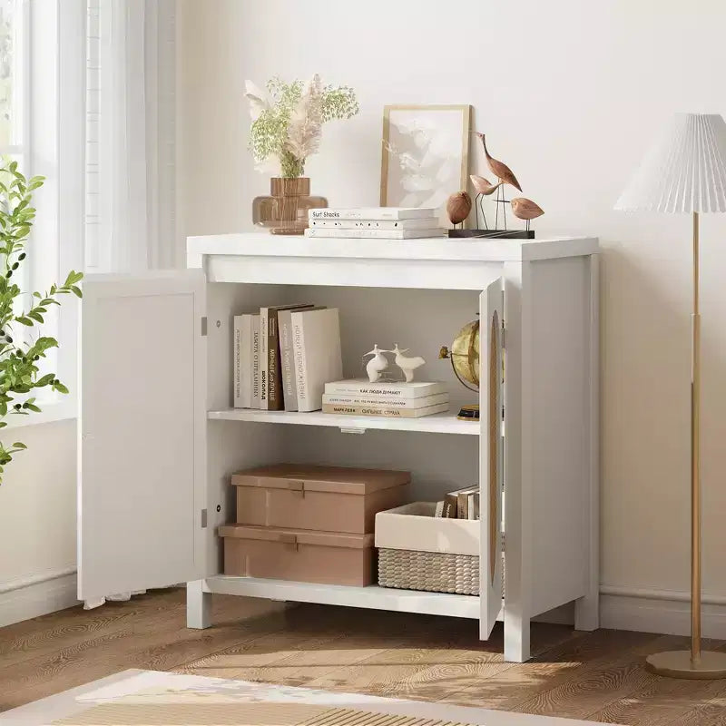 Credenza, 76,4 cm Buffet e Credenza con ante in rattan, design a 2 ante, credenza in legno naturale per sala da pranzo e cucina