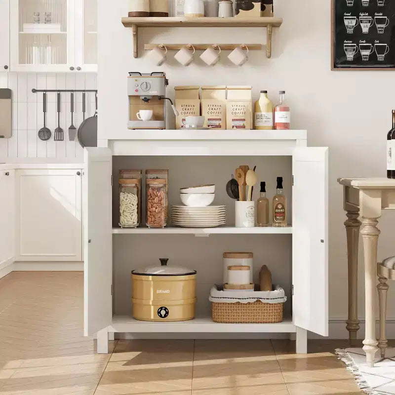 Credenza, 76,4 cm Buffet e Credenza con ante in rattan, design a 2 ante, credenza in legno naturale per sala da pranzo e cucina