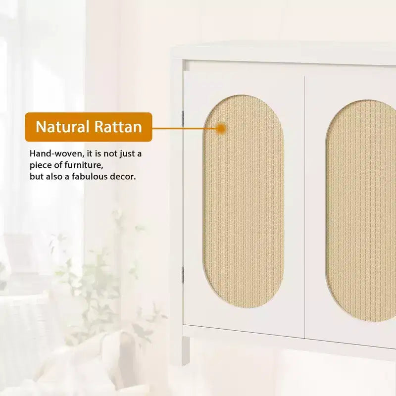 Credenza, 76,4 cm Buffet e Credenza con ante in rattan, design a 2 ante, credenza in legno naturale per sala da pranzo e cucina