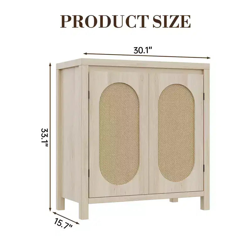 Credenza, 76,4 cm Buffet e Credenza con ante in rattan, design a 2 ante, credenza in legno naturale per sala da pranzo e cucina