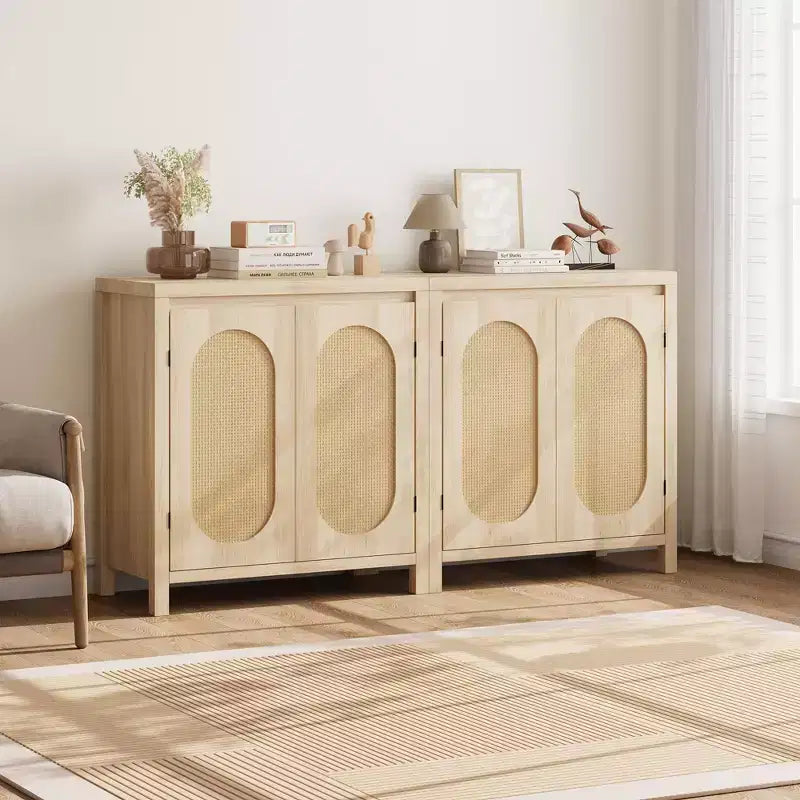 Credenza, 76,4 cm Buffet e Credenza con ante in rattan, design a 2 ante, credenza in legno naturale per sala da pranzo e cucina