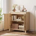 Credenza, 76,4 cm Buffet e Credenza con ante in rattan, design a 2 ante, credenza in legno naturale per sala da pranzo e cucina