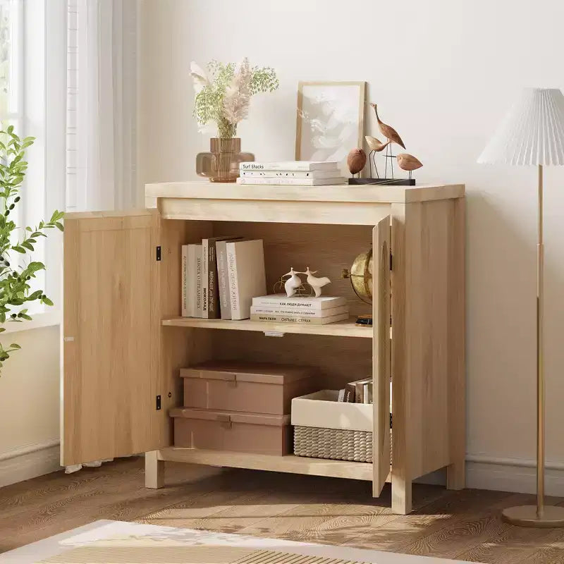 Credenza, 76,4 cm Buffet e Credenza con ante in rattan, design a 2 ante, credenza in legno naturale per sala da pranzo e cucina