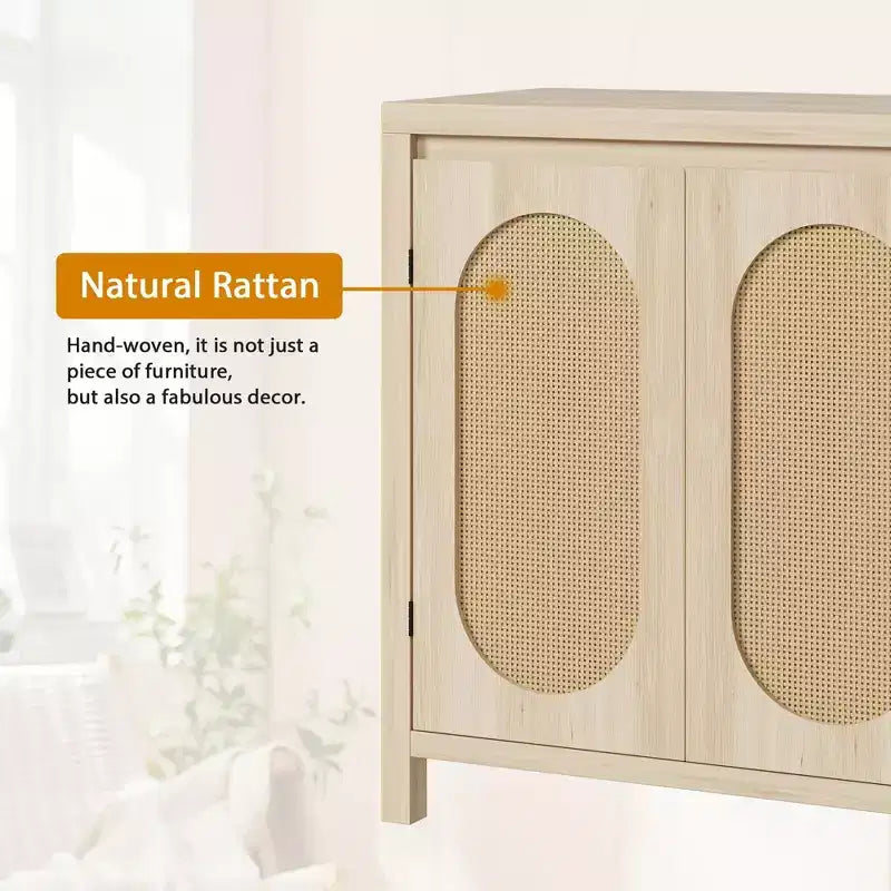 Credenza, 76,4 cm Buffet e Credenza con ante in rattan, design a 2 ante, credenza in legno naturale per sala da pranzo e cucina