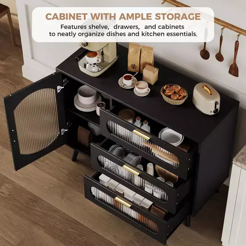 Madia Buffet Contenitore con Ante Scanalate e 3 Cassetti, Mobile Contenitore per Cucina, Sala da Pranzo