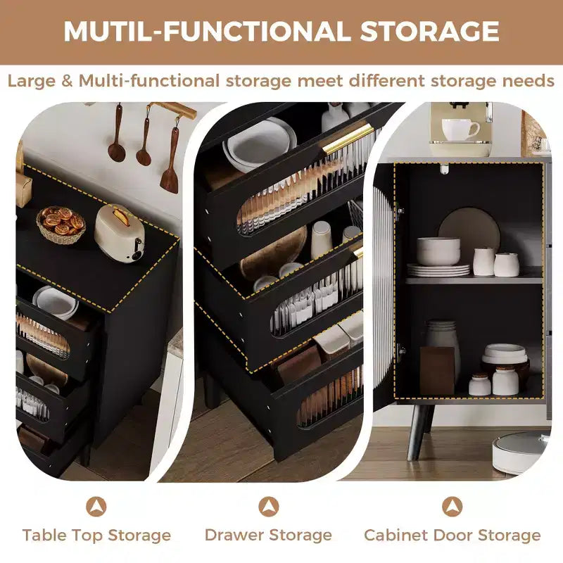 Madia Buffet Contenitore con Ante Scanalate e 3 Cassetti, Mobile Contenitore per Cucina, Sala da Pranzo