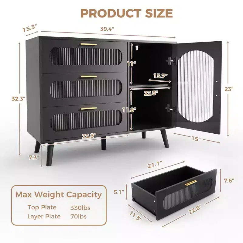 Madia Buffet Contenitore con Ante Scanalate e 3 Cassetti, Mobile Contenitore per Cucina, Sala da Pranzo