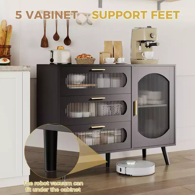 Madia Buffet Contenitore con Ante Scanalate e 3 Cassetti, Mobile Contenitore per Cucina, Sala da Pranzo