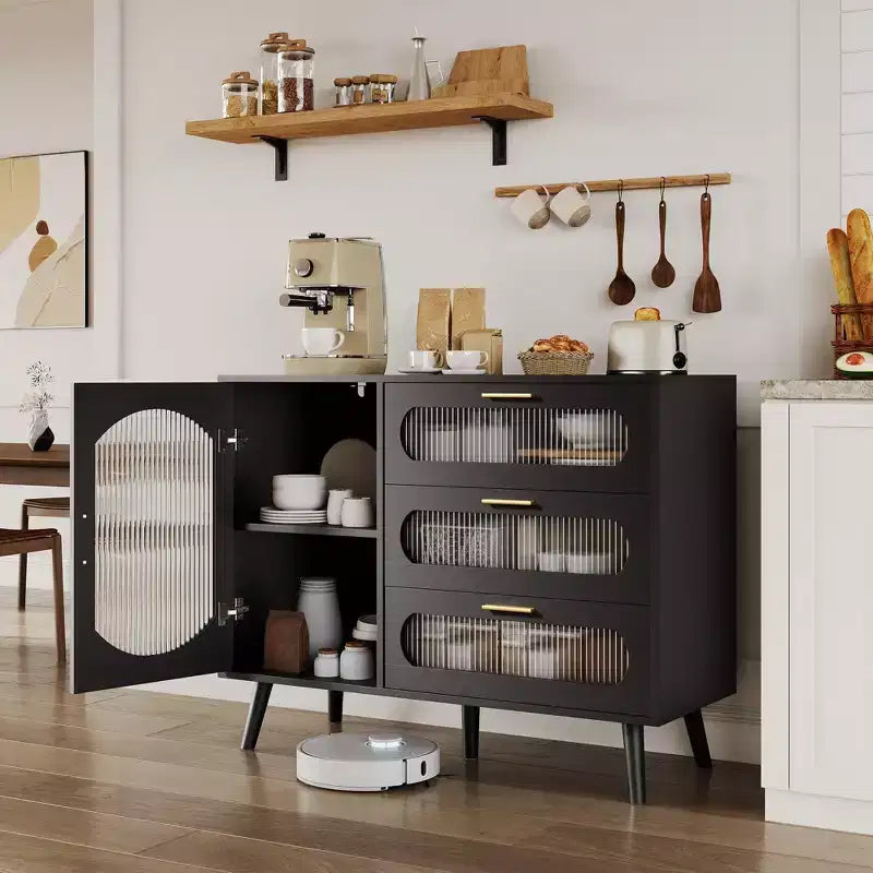 Madia Buffet Contenitore con Ante Scanalate e 3 Cassetti, Mobile Contenitore per Cucina, Sala da Pranzo