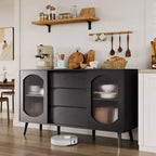 Mobile buffet con ante scorrevoli in vetro scanalato, cassetti e spazio contenitore, credenza nera per cucina, sala da pranzo e soggiorno