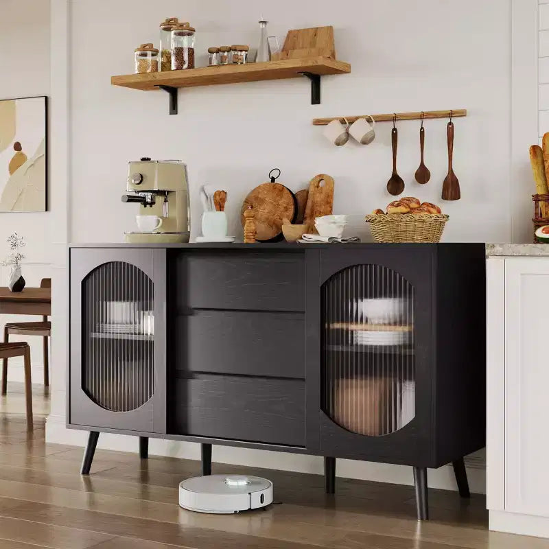 Mobile buffet con ante scorrevoli in vetro scanalato, cassetti e spazio contenitore, credenza nera per cucina, sala da pranzo e soggiorno