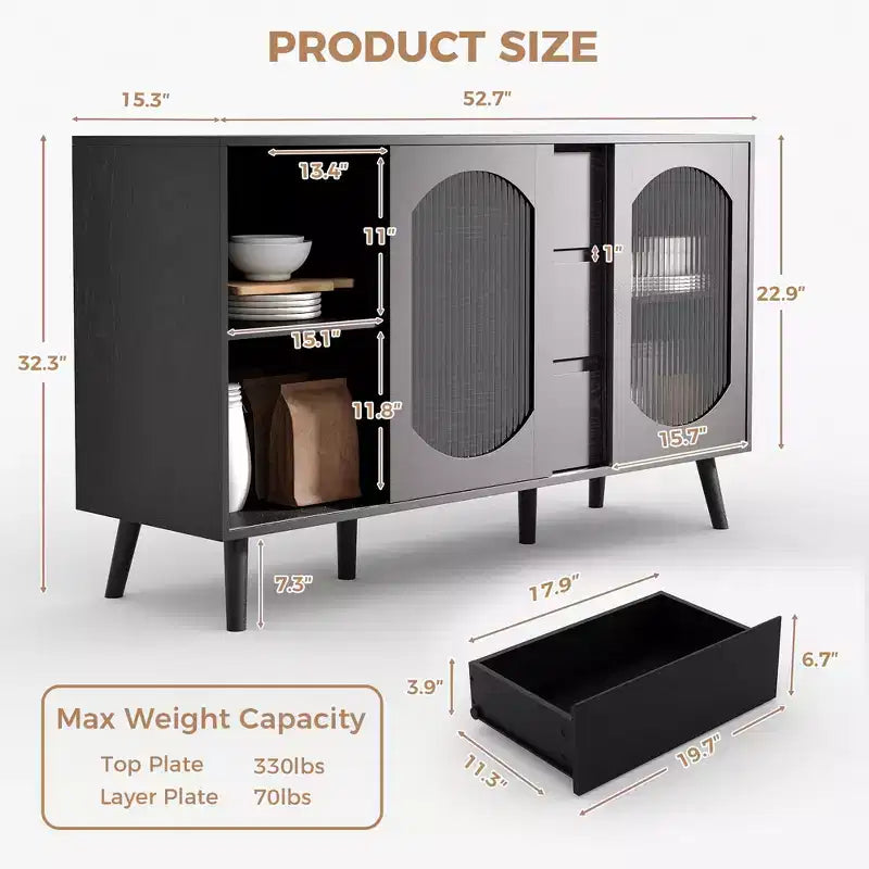 Mobile buffet con ante scorrevoli in vetro scanalato, cassetti e spazio contenitore, credenza nera per cucina, sala da pranzo e soggiorno
