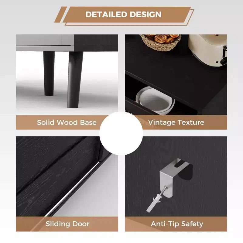 Mobile buffet con ante scorrevoli in vetro scanalato, cassetti e spazio contenitore, credenza nera per cucina, sala da pranzo e soggiorno