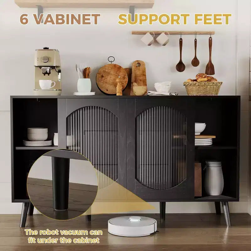 Mobile buffet con ante scorrevoli in vetro scanalato, cassetti e spazio contenitore, credenza nera per cucina, sala da pranzo e soggiorno