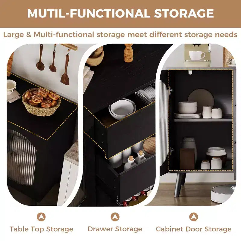 Mobile buffet con ante scorrevoli in vetro scanalato, cassetti e spazio contenitore, credenza nera per cucina, sala da pranzo e soggiorno