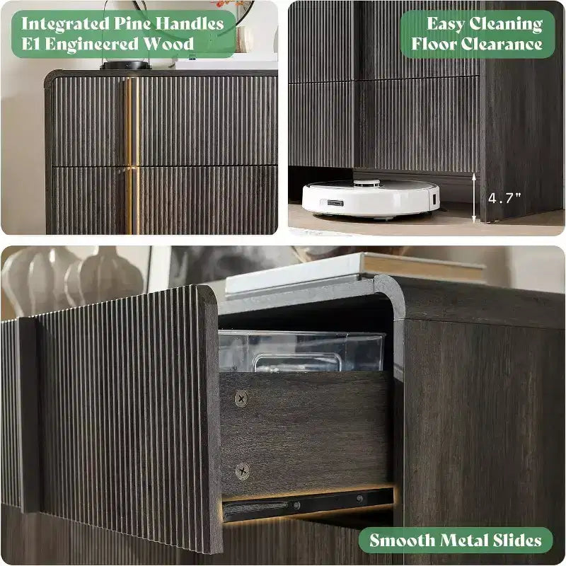 Cassettiera moderna scanalata con maniglie in pino, angoli arrotondati e anti-ribaltamento, organizer in legno alto 122 cm per soggiorno