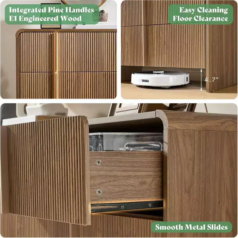 Cassettiera moderna scanalata con maniglie in pino, angoli arrotondati e anti-ribaltamento, organizer in legno alto 122 cm per soggiorno