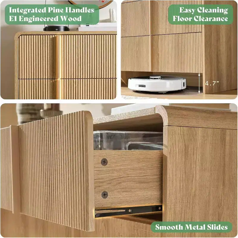 Cassettiera moderna scanalata con maniglie in pino, angoli arrotondati e anti-ribaltamento, organizer in legno alto 122 cm per soggiorno
