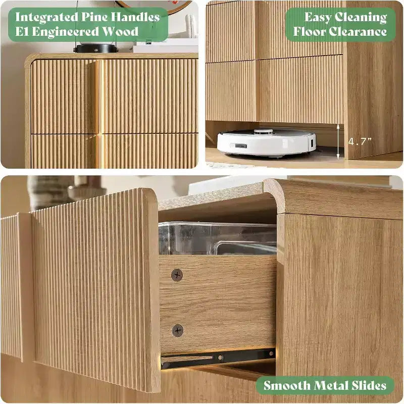 Cassettiera moderna scanalata con maniglie in pino, angoli arrotondati e anti-ribaltamento, organizer in legno alto 122 cm per soggiorno