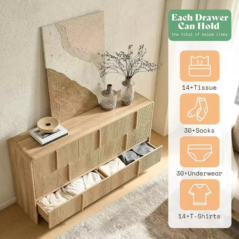 Cassettiera moderna scanalata con maniglie in pino, angoli arrotondati e anti-ribaltamento, organizer in legno alto 122 cm per soggiorno