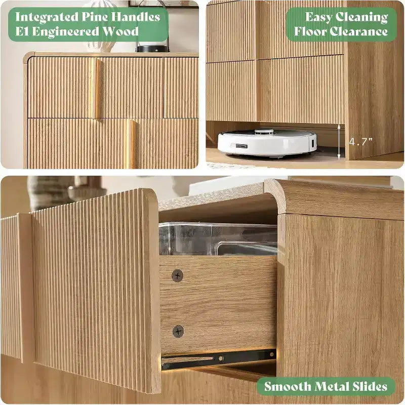 Cassettiera moderna scanalata con maniglie in pino, angoli arrotondati e anti-ribaltamento, organizer in legno alto 122 cm per soggiorno