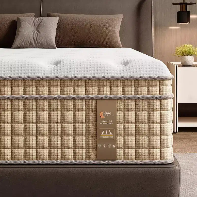 Materasso Ibrido Queen 14", Memory Foam, Molle Insacchettate, Senza Fibra di Vetro - Beige e Bianco