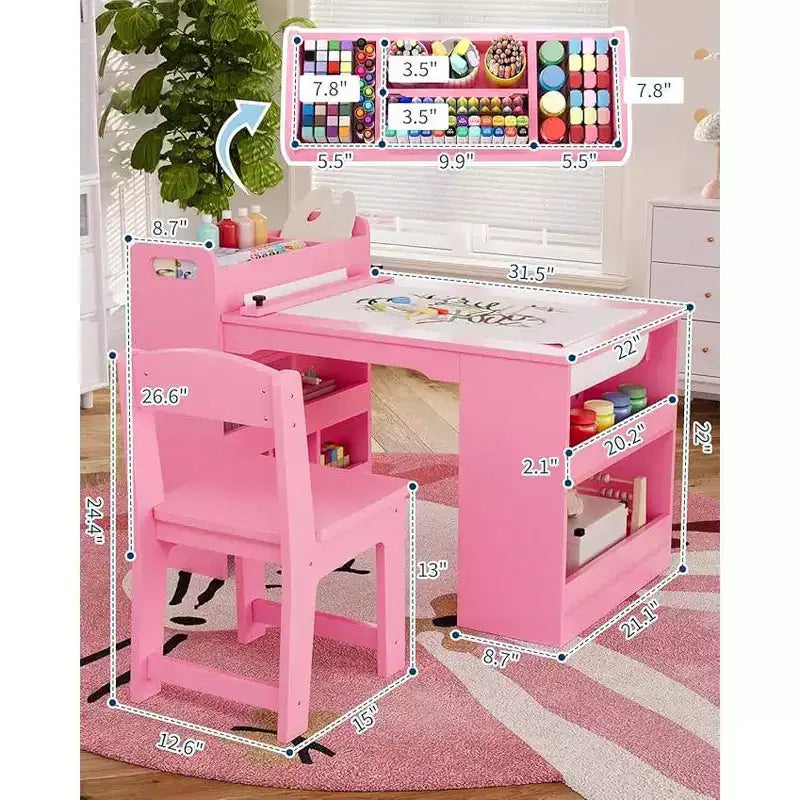 Scrivania da disegno per bambini, Scrivania da lavoro grande per bambini con 2 sedie, Scrivania multifunzionale per l'arte con ripiani portaoggetti per la cameretta dei bambini, l'asilo, la sala giochi, la scuola