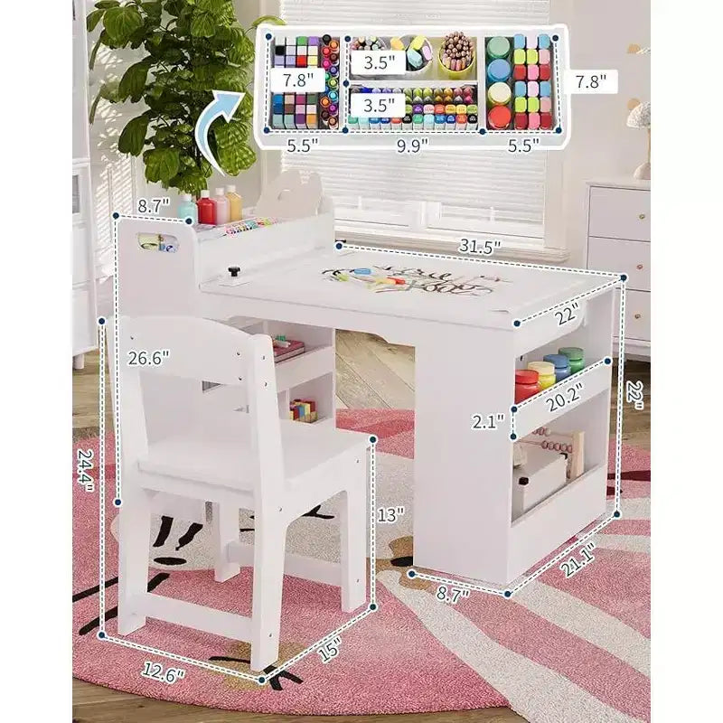Scrivania da disegno per bambini, Scrivania da lavoro grande per bambini con 2 sedie, Scrivania multifunzionale per l'arte con ripiani portaoggetti per la cameretta dei bambini, l'asilo, la sala giochi, la scuola
