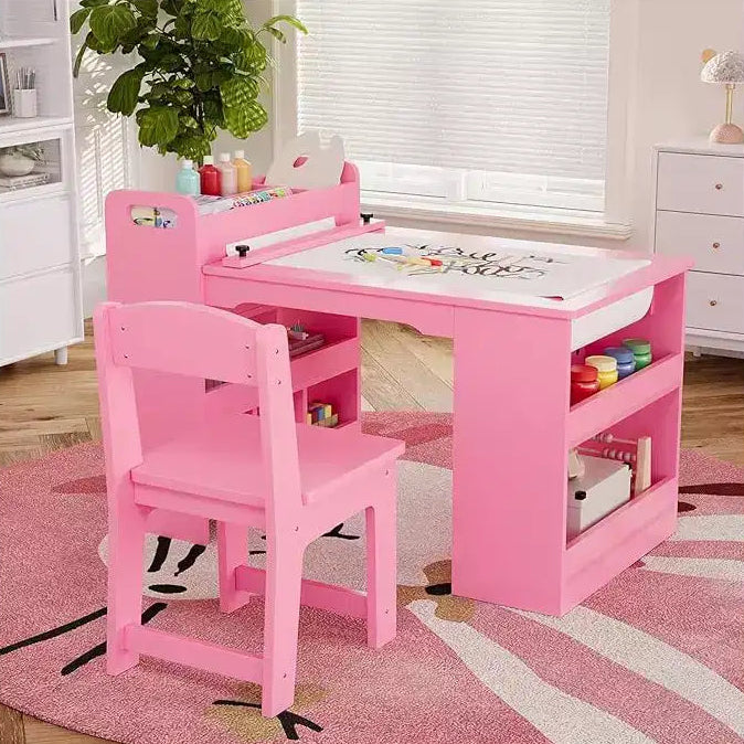 Kids Art desk, Large Kids Craft desk with 2 Chairs, Multi-Functional Art Desk with Storage Shelves for Children Room, Kindergarten, Playroom,School