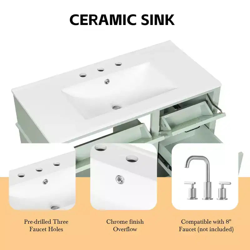 Mobile da Bagno 91cm con Lavabo Bianco Legno Massello Cassetto a Ribalta 3 Cassetti 2 Ante Maniglie in Metallo Nero MDF
