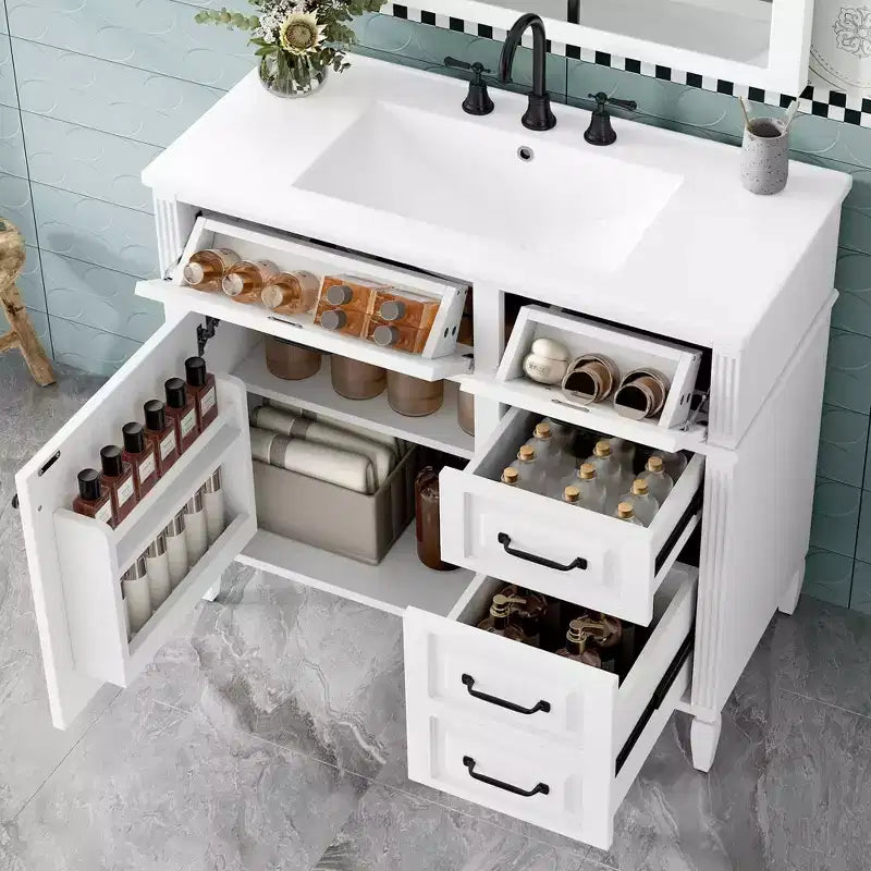 Mobile da Bagno 91cm con Lavabo Bianco Legno Massello Cassetto a Ribalta 3 Cassetti 2 Ante Maniglie in Metallo Nero MDF
