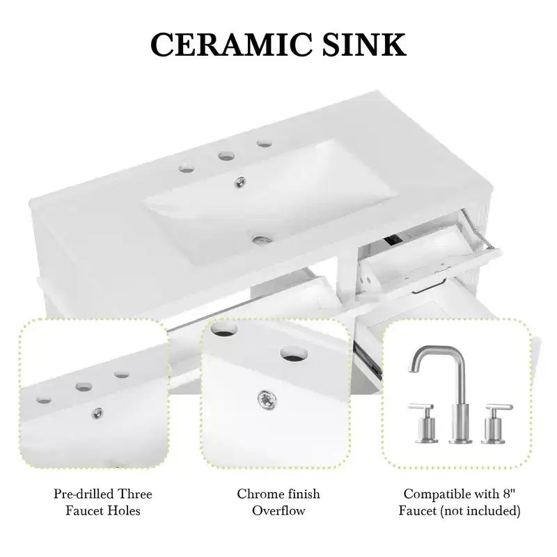 Mobile da Bagno 91cm con Lavabo Bianco Legno Massello Cassetto a Ribalta 3 Cassetti 2 Ante Maniglie in Metallo Nero MDF