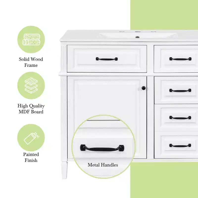 Mobile da Bagno 91cm con Lavabo Bianco Legno Massello Cassetto a Ribalta 3 Cassetti 2 Ante Maniglie in Metallo Nero MDF
