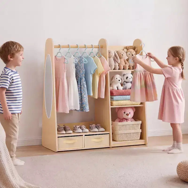 Mobiletto travestimenti per bambini con specchio, armadio per travestimenti, guardaroba per bambini piccoli, armadietto con ripiani e vassoio inferiore, Naturale