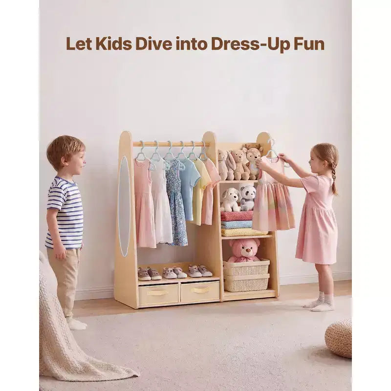 Mobiletto travestimenti per bambini con specchio, armadio per travestimenti, guardaroba per bambini piccoli, armadietto con ripiani e vassoio inferiore, Naturale