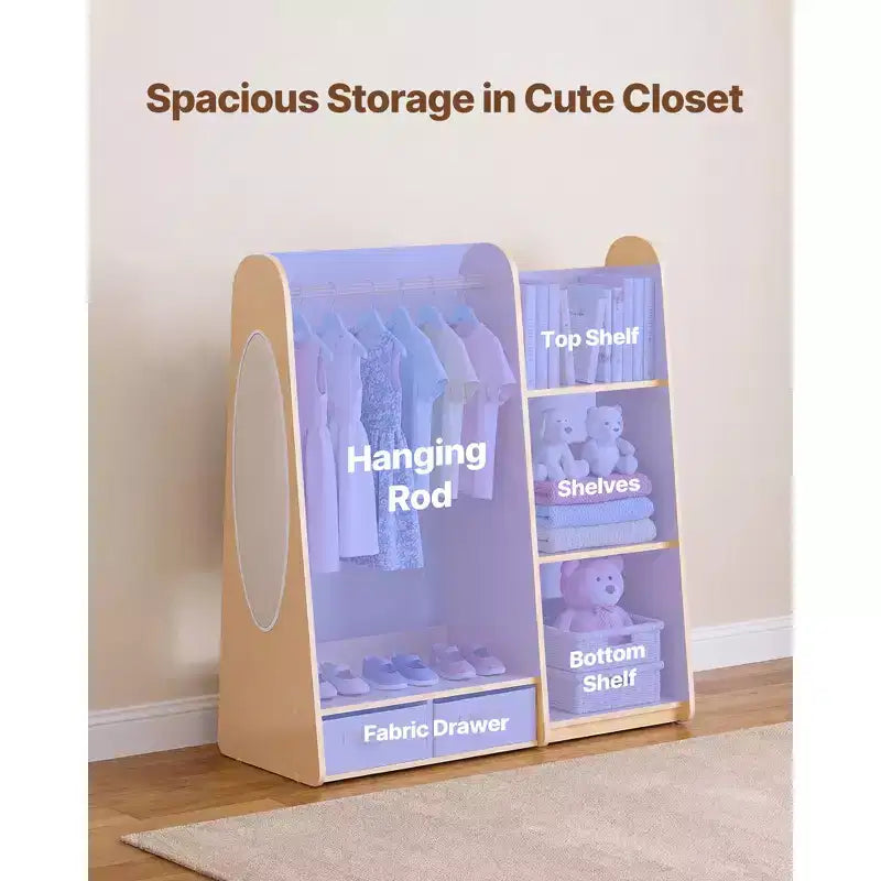 Mobiletto travestimenti per bambini con specchio, armadio per travestimenti, guardaroba per bambini piccoli, armadietto con ripiani e vassoio inferiore, Naturale