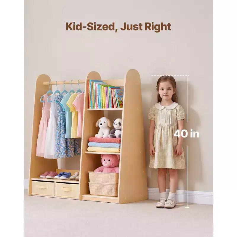 Mobiletto travestimenti per bambini con specchio, armadio per travestimenti, guardaroba per bambini piccoli, armadietto con ripiani e vassoio inferiore, Naturale