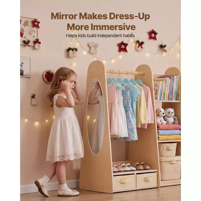 Mobiletto travestimenti per bambini con specchio, armadio per travestimenti, guardaroba per bambini piccoli, armadietto con ripiani e vassoio inferiore, Naturale