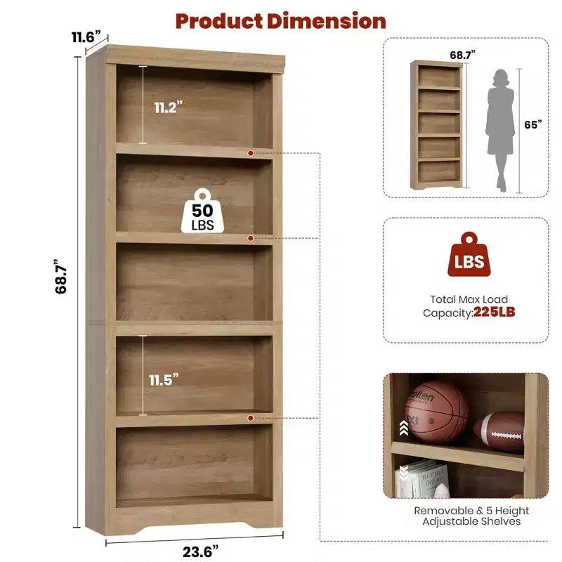 Libreria a 2/3/5/6 livelli, Scaffale in stile rustico, larga 60 cm/80 cm con ripiani regolabili, Scaffale espositivo aperto con design antiscivolo per l'ufficio di casa