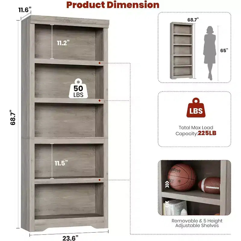 Libreria a 2/3/5/6 livelli, Scaffale in stile rustico, larga 60 cm/80 cm con ripiani regolabili, Scaffale espositivo aperto con design antiscivolo per l'ufficio di casa