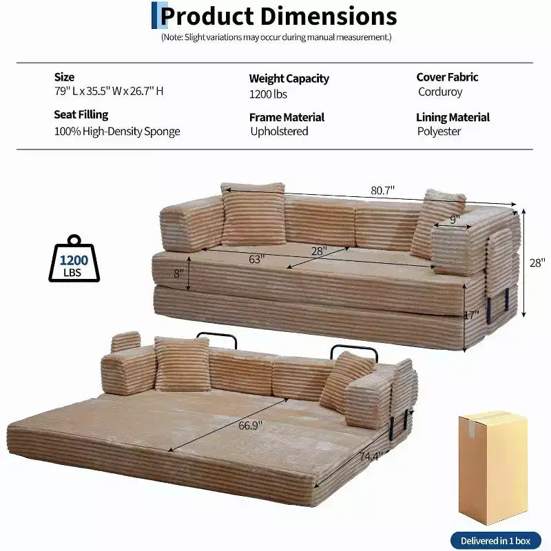 Divano Letto Convertibile 5-in-1 da 80.7", Divano Pieghevole in Velluto a Coste con Contenitore, 4 Strutture e 2 Cuscini, Salvaspazio Senza Montaggio per Casa e Dormitorio, Beige