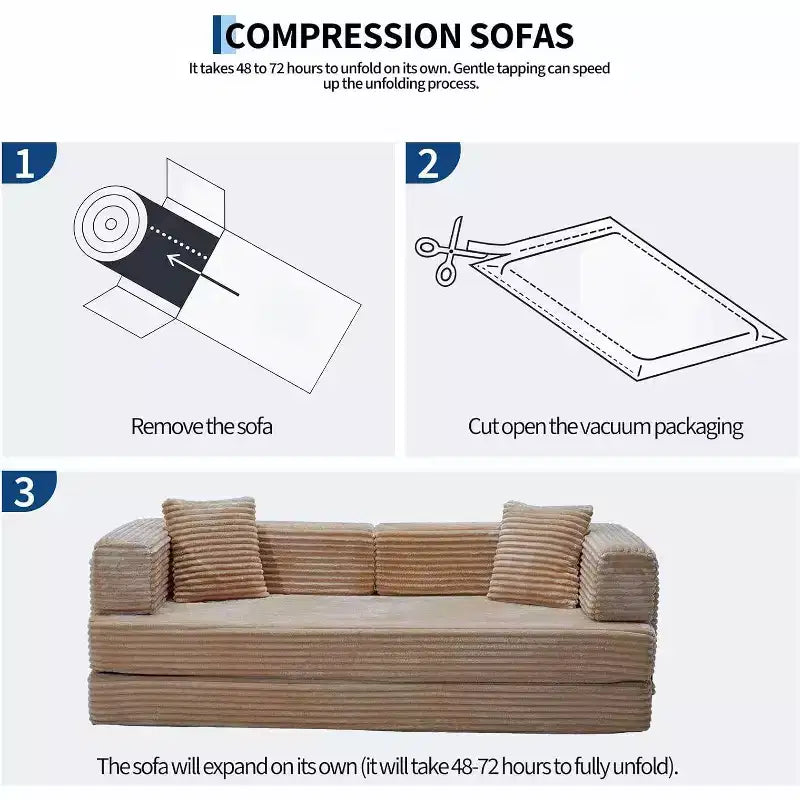 Divano Letto Convertibile 5-in-1 da 80.7", Divano Pieghevole in Velluto a Coste con Contenitore, 4 Strutture e 2 Cuscini, Salvaspazio Senza Montaggio per Casa e Dormitorio, Beige