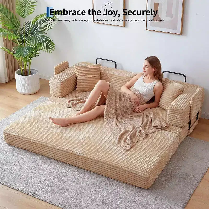 Divano Letto Convertibile 5-in-1 da 80.7", Divano Pieghevole in Velluto a Coste con Contenitore, 4 Strutture e 2 Cuscini, Salvaspazio Senza Montaggio per Casa e Dormitorio, Beige