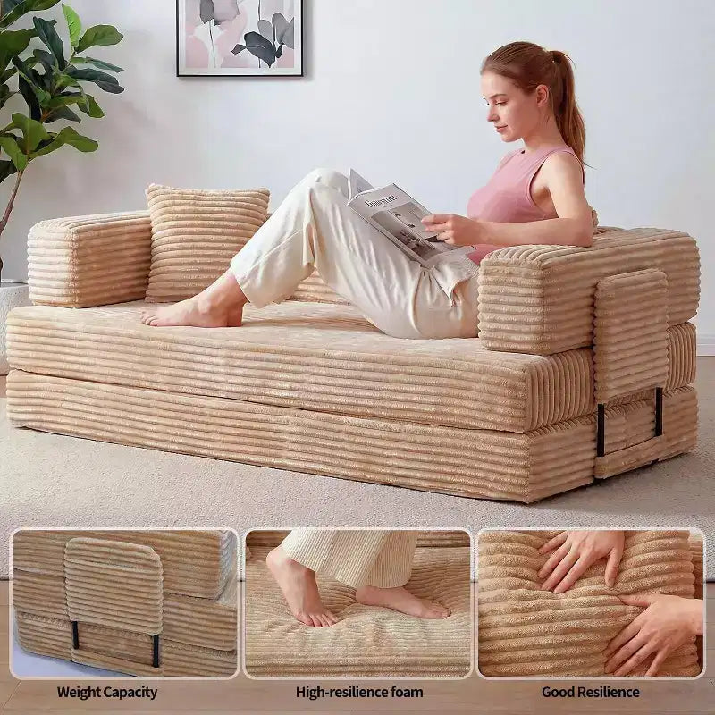Divano Letto Convertibile 5-in-1 da 80.7", Divano Pieghevole in Velluto a Coste con Contenitore, 4 Strutture e 2 Cuscini, Salvaspazio Senza Montaggio per Casa e Dormitorio, Beige