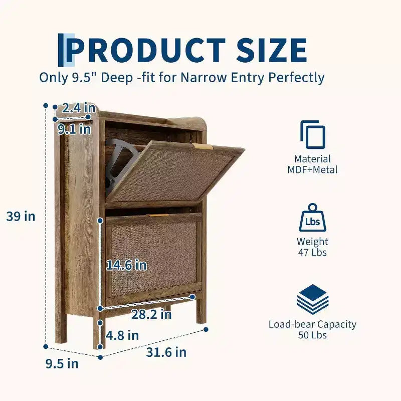 Scarpiera stretta da 81 cm in rattan con 2 cassetti a ribalta, marrone